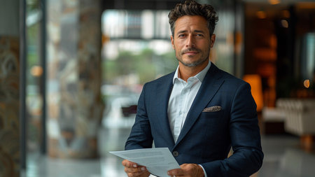 Portrait of handsome Hispanic businessman holding papers while standing in office lobbyの素材