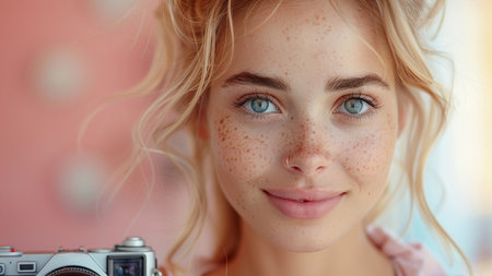 Portrait of beautiful girl with freckles on her face.の素材