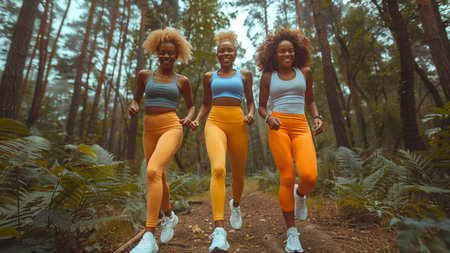 Three african american women jogging in forest. They are wearing sportswear.の素材
