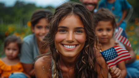 Portrait of smiling girl with american flag and friends in backgroundの素材