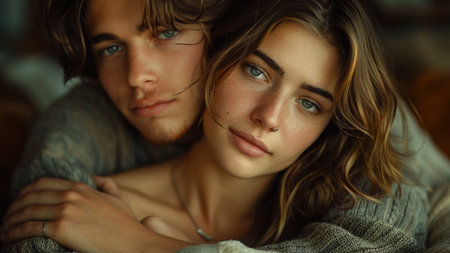 Portrait of a young couple lying on the bed at home.の素材