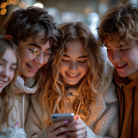 Portrait of a group of friends using a smartphone in a cafeの素材