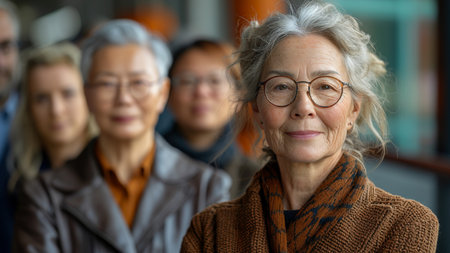 Group portrait of senior woman with group of senior people in the backgroundの素材