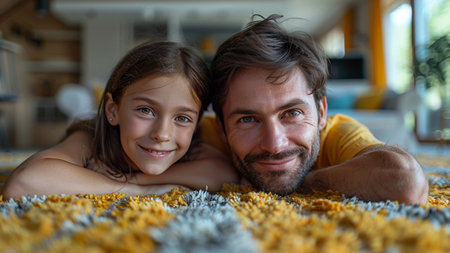 Portrait of happy father and daughter lying on the floor at homeの素材