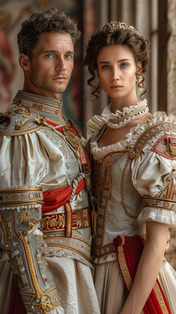 Portrait of a man and a woman in medieval clothes. Retro style.の素材