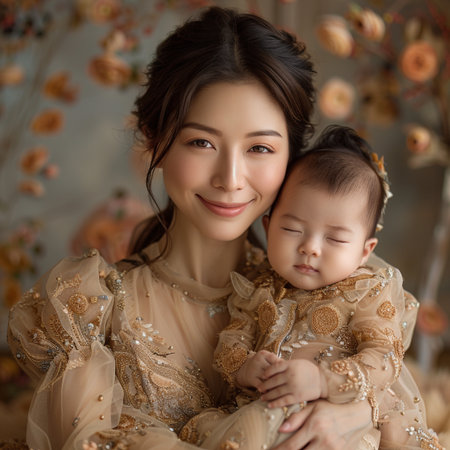 Portrait of asian mother and her little daughter in traditional dressの素材