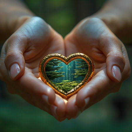 Female hands holding a heart shaped object with a forest in the backgroundの素材