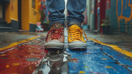 Close up of a man's feet in sneakers standing on the wet pavement in the rainの素材