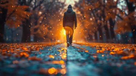 Back view of young man walking alone in autumn park with fallen leavesの素材