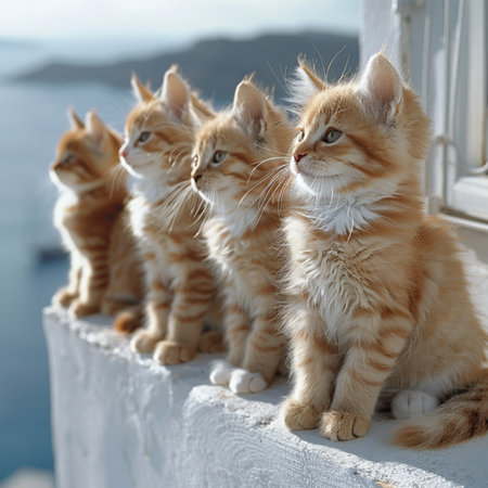 Group of ginger kittens sitting on the balcony in Santorini, Greeceの素材
