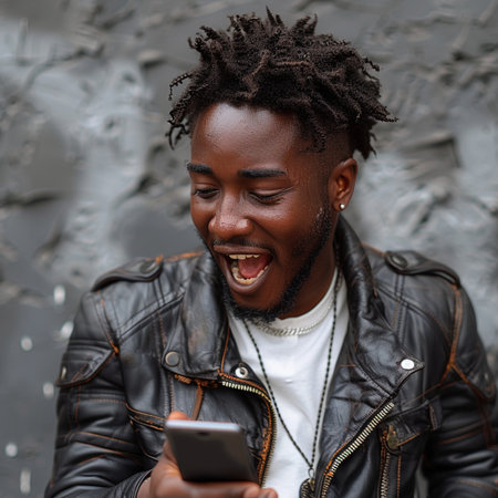 Handsome african american man with dreadlocks in a black leather jacket and white t-shirt is using a mobile phone.の素材