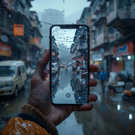 Hands of a man taking a picture of a street in Mumbai, India.の素材