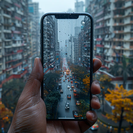 A man's hand holds a smartphone with a picture of the city in the background.の素材