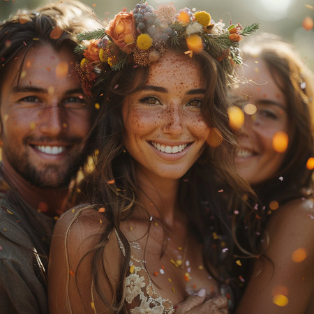 Happy young couple having fun on the beach during summer vacation. Young man and woman in a wreath of flowers.の素材