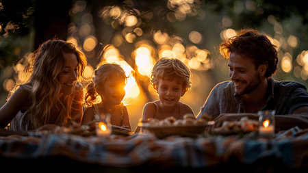 Happy family picnicking in the garden at sunset - Mother, father and childrenの素材