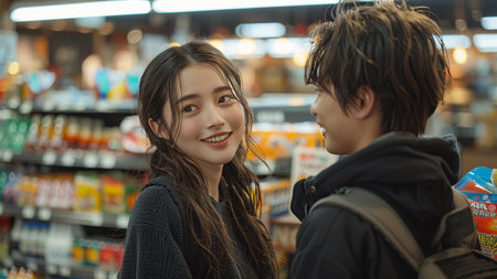 Young asian couple in shopping mall looking at each other and smilingの素材