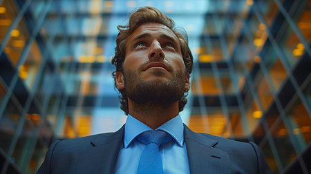 Portrait of a pensive businessman looking away against skyscrapersの素材