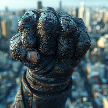 Close up of human hand with fist raised in the air over city backgroundの素材