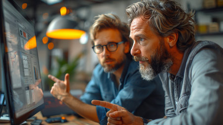 Portrait of two mature men working together on computer in office.の素材