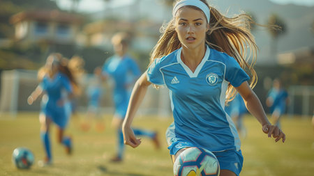 Young female soccer player on the field in action, motion blur.の素材