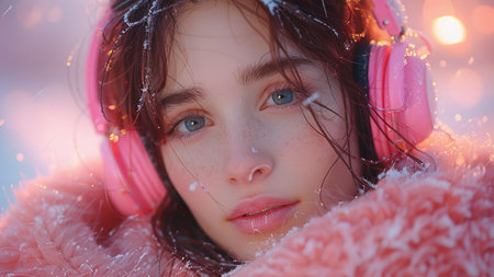 Portrait of a young girl in pink headphones on a winter background.の素材