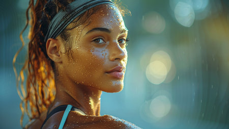 Beautiful african american woman with wet hair standing under the rainの素材