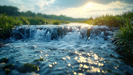 Waterfall in the meadow with sun rays. Nature background.の素材