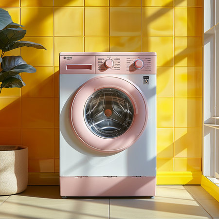 Modern washing machine on yellow wall background. 3d render illustration.の素材