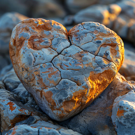 Heart shaped stone on the seashore in the rays of the setting sunの素材