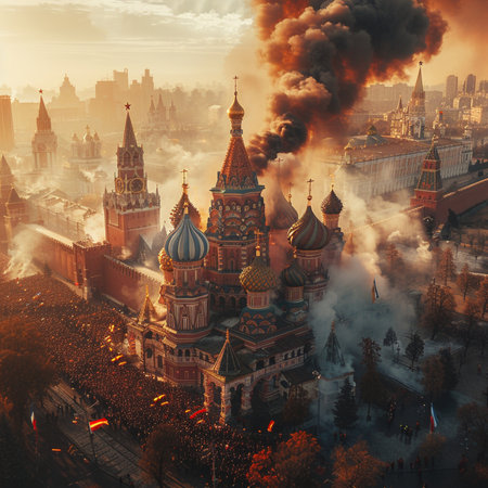 Aerial view of Saint Basil's Cathedral in Moscow at sunset.の素材