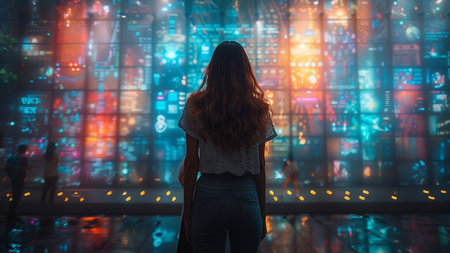 Back view of young woman standing in front of illuminated screen with city lightsの素材