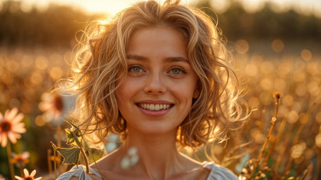 Close up portrait of a beautiful young woman with blond curly hair in a wheat fieldの素材