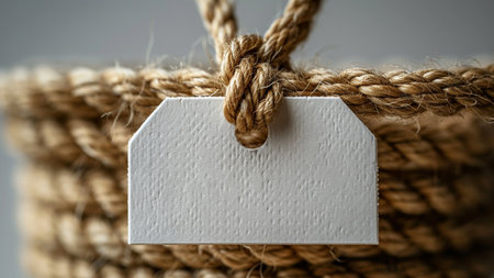 Blank label tied with rope on a gray background close up.の素材