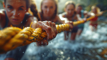 Close up shot of a group of people pulling a rope in the waterの素材