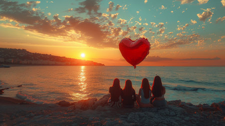Two girls sitting on the beach with a red heart-shaped balloon in the shape of a heart.の素材