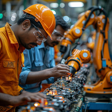 Smart factory workers using advanced technology to control and assembly robots and automated machinery in factory production. Industry and engineering concept.の素材