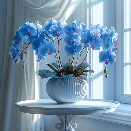 Blue orchids in a vase on the table. 3d renderの素材