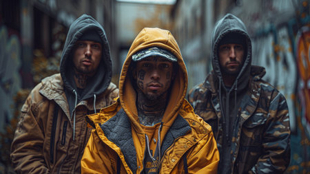 Portrait of a group of guys in a raincoat on the streetの素材