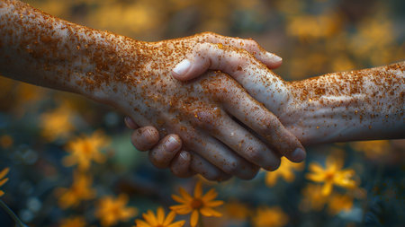 Hands of a man and a woman on a background of yellow flowersの素材