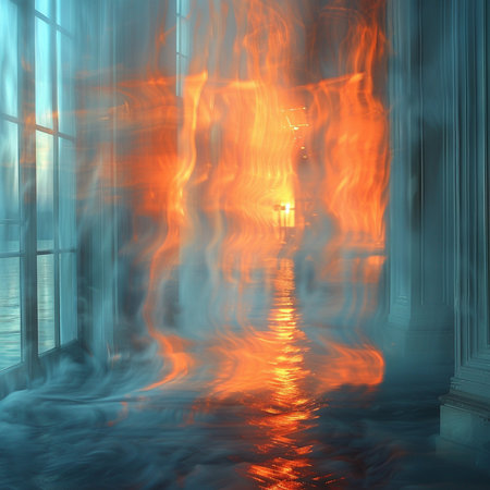 Abstract scene of fire in a dark room. 3D rendering.の素材