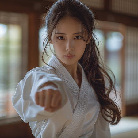Portrait of a beautiful asian woman in kimono practicing martial arts.の素材