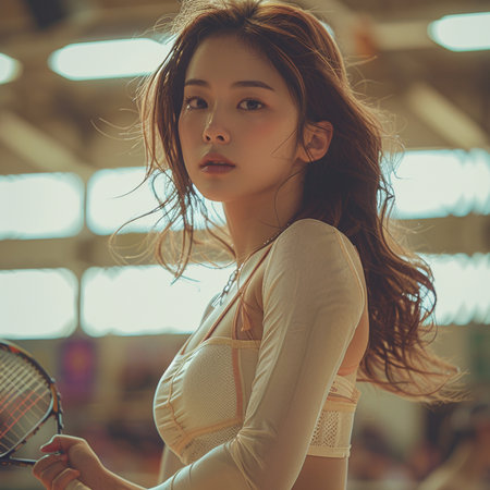 Portrait of a beautiful asian woman with badminton racketの素材