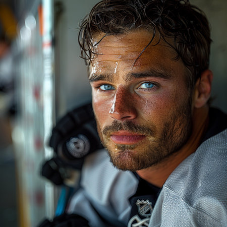 Portrait of a frozen young man in ice hockey gear. Shallow depth of field.の素材