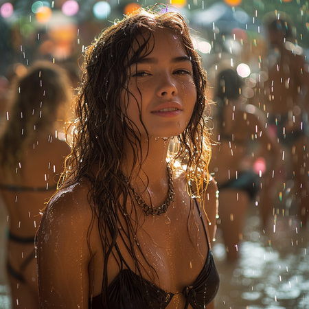 Beautiful young woman with wet hair in a swimsuit bathes in the rain.の素材