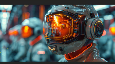 Futuristic cyborg head in space suit. 3D renderingの素材