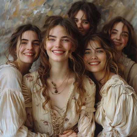 Group of smiling young women with long hair in beige clothes.の素材