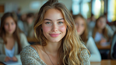 Portrait of smiling student girl with friends in background at lecture hallの素材