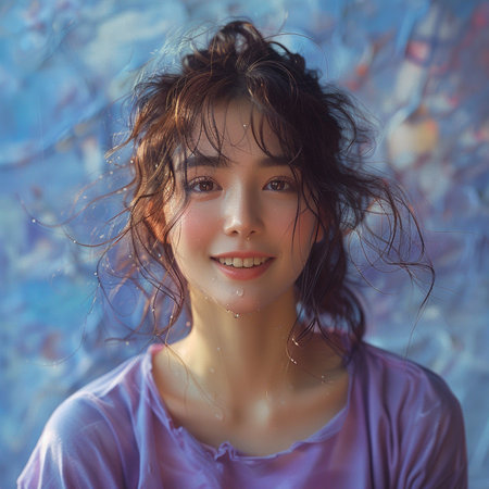 Portrait of a beautiful young woman with wet hair and blue backgroundの素材