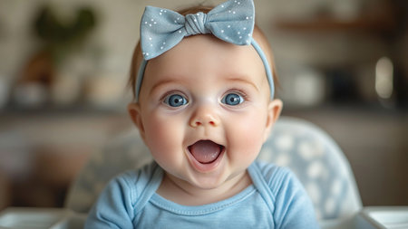 Portrait of cute baby girl with blue eyes and bow on headの素材