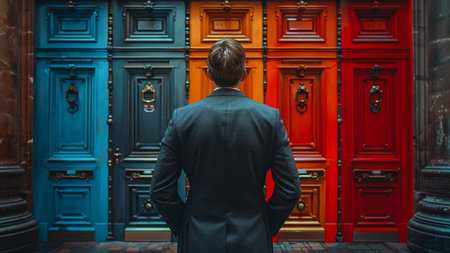 Businessman standing in front of a vintage door in London, UKの素材